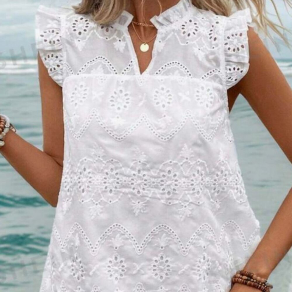 Eyelet Lace Ruffled Sleeve V-Neck Dress Large - NWOT